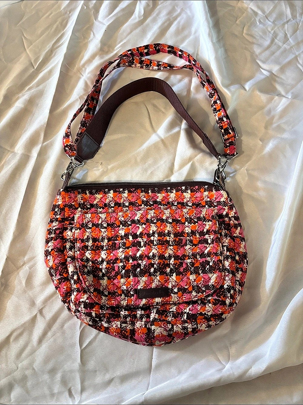 Vera Bradley Pink Brown Orange Houndstooth Tweed Crossbody Floral Quilted Bag